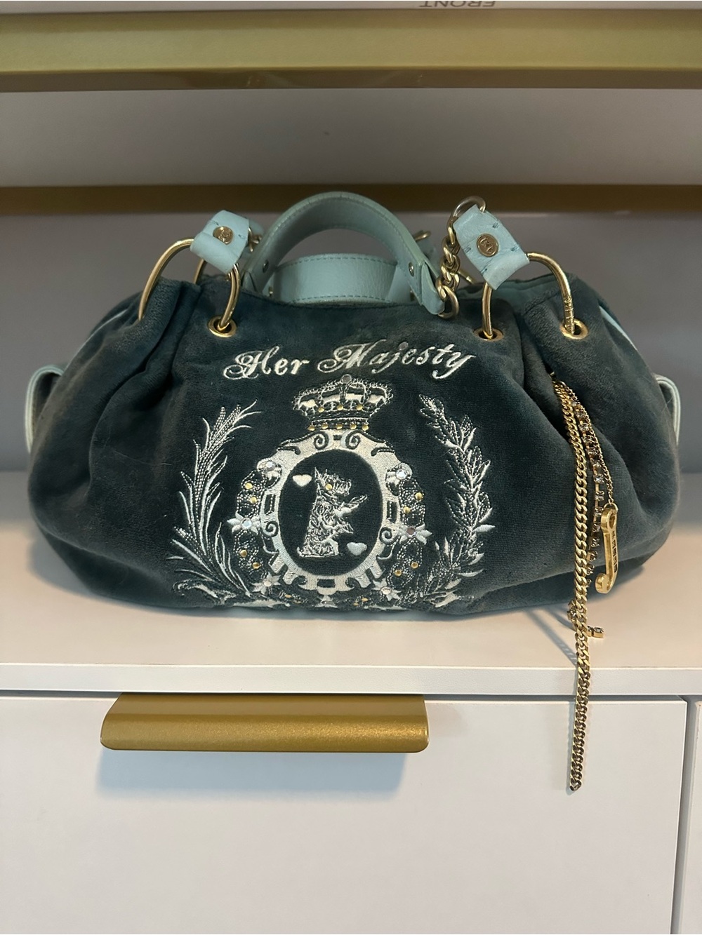 Juicy Couture Teal Velvet 'Her Majesty' Bag/Purse with Gold Accents